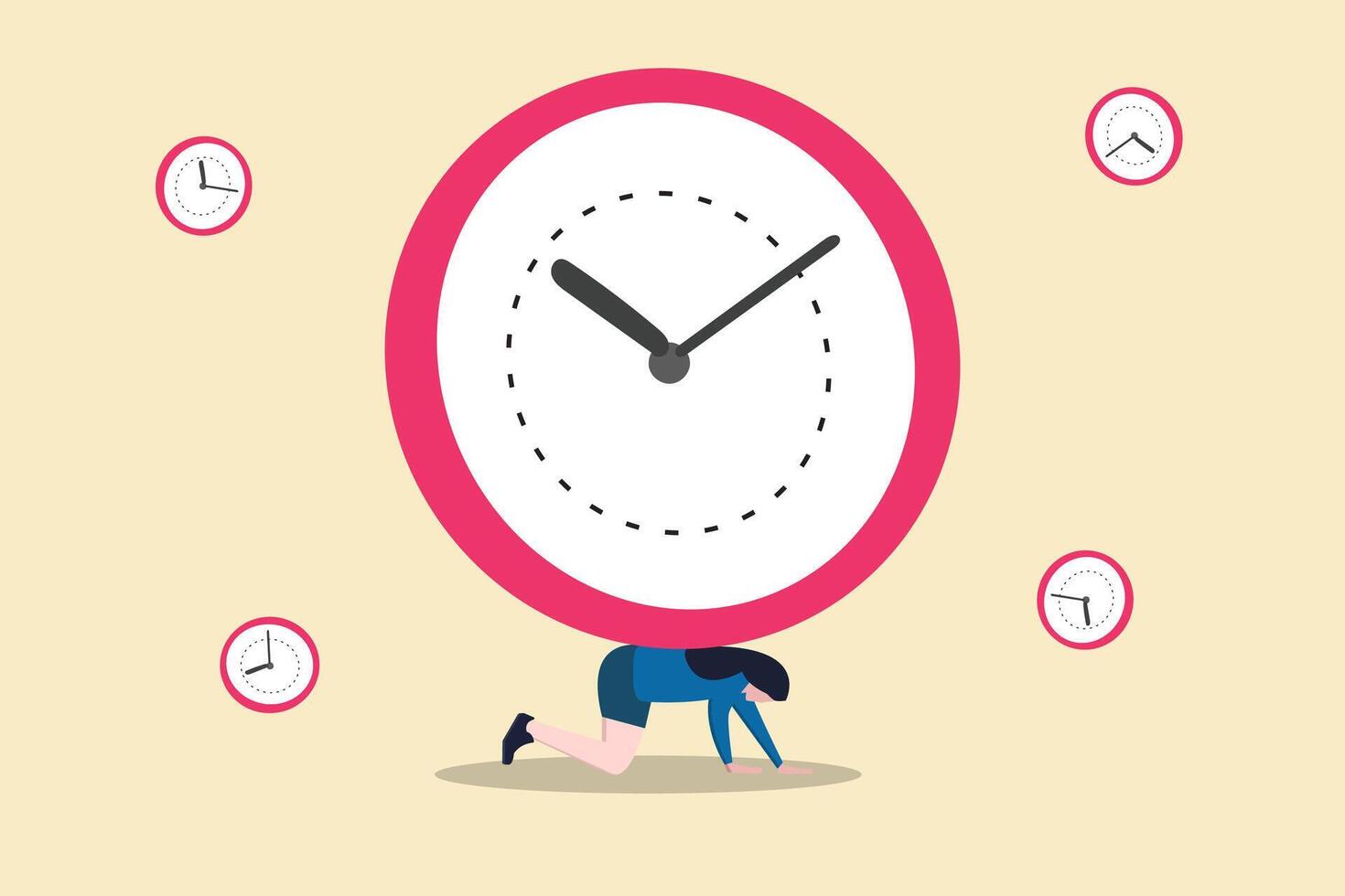 Depressed businessman salary man carry heavy big clock burden. concept of Time management failure, freedom to spend time, overworked or office worker routine work overtime vector