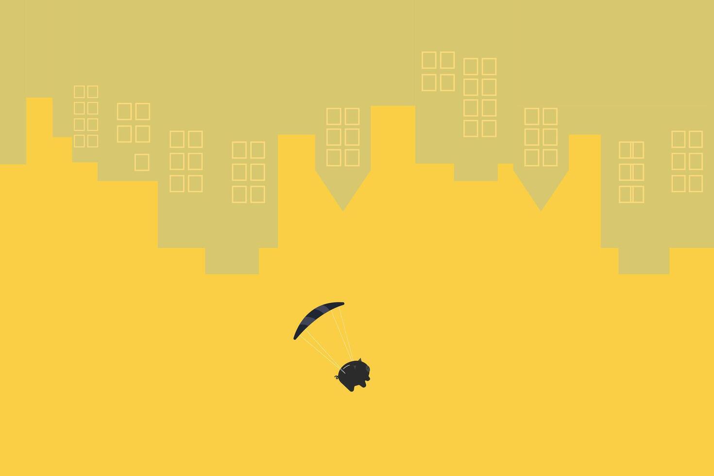 Piggy Bank Floating Down with black Parachute. financial saving vector