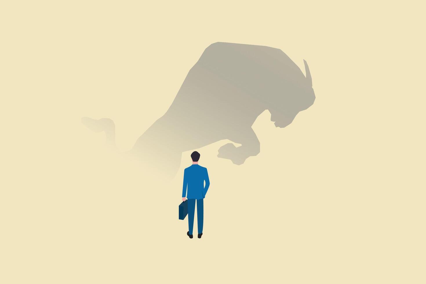 Businessman with shadow bull. Bullish market trend in stocks or crypto. Trade exchange, up arrow graph for increase in rates vector