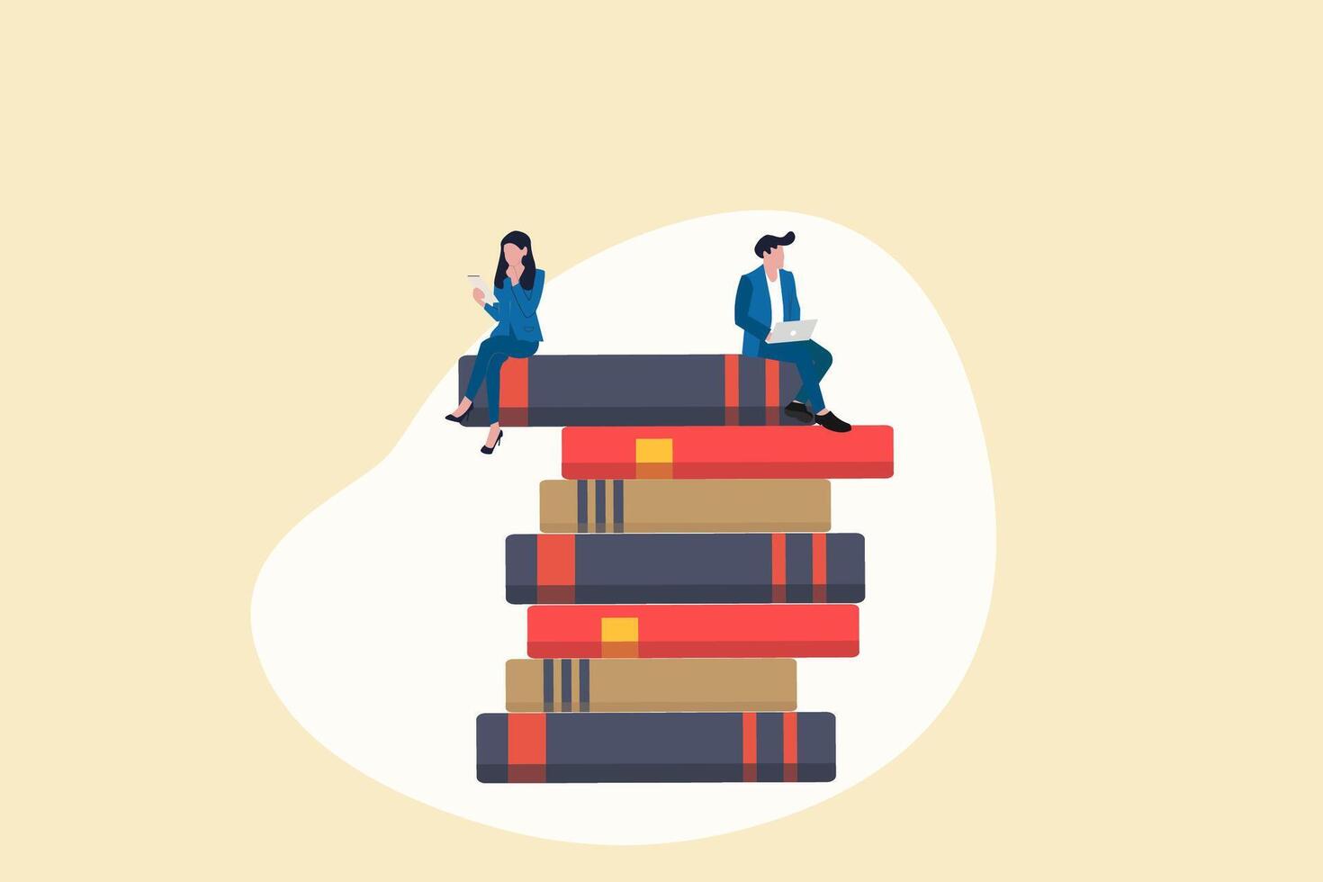 Business people studying together. Couple sitting on books with laptop computers learning and educating themselves vector