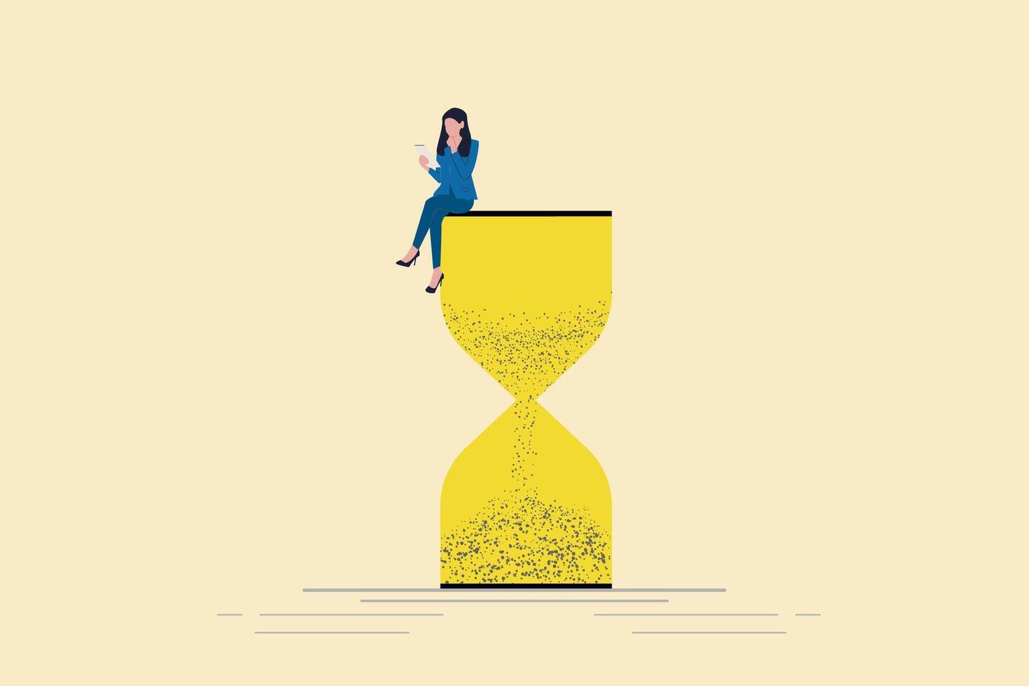 Business woman using laptop sitting on an hourglass. Concept of multitasking, productivity and time management vector