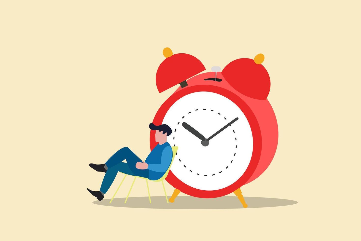 Businessman sitting beside alarm clock. concept of relax and refresh from long stress interval, free from bored, and time to take a break vector