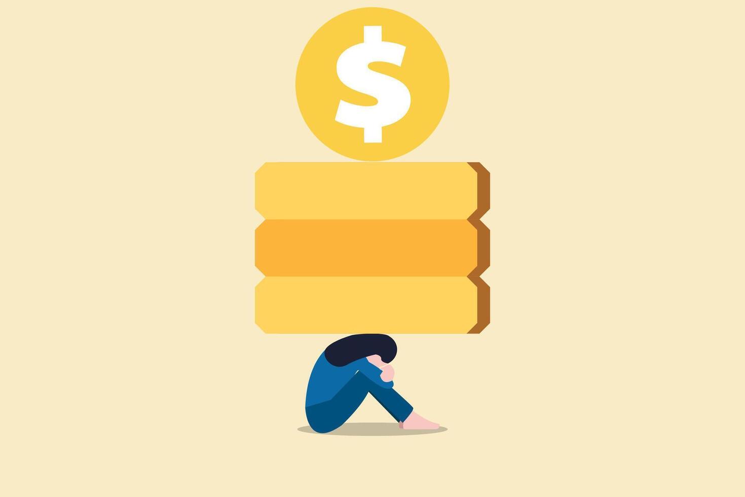 Business woman bent by huge coin. Concept for burden of taxes, financial debts, payment of interest to creditors vector