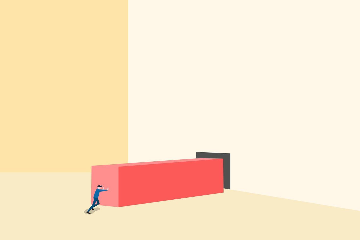 Strong businessman concept. Symbol of strength, courage, power. Businessman pushing a big cube. business illustration. Businessman pushing huge stone up. problem crisis vector