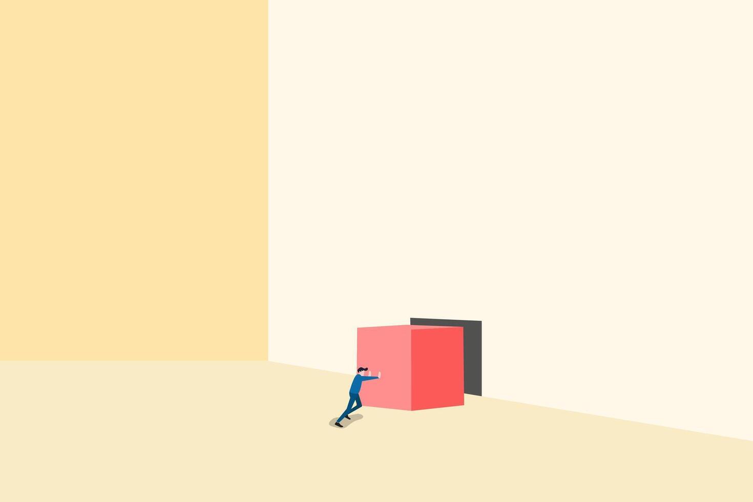 Strong businessman concept. Symbol of strength, courage, power. Businessman pushing a big cube to hole. business illustration. Businessman pushing huge stone up. problem crisis vector