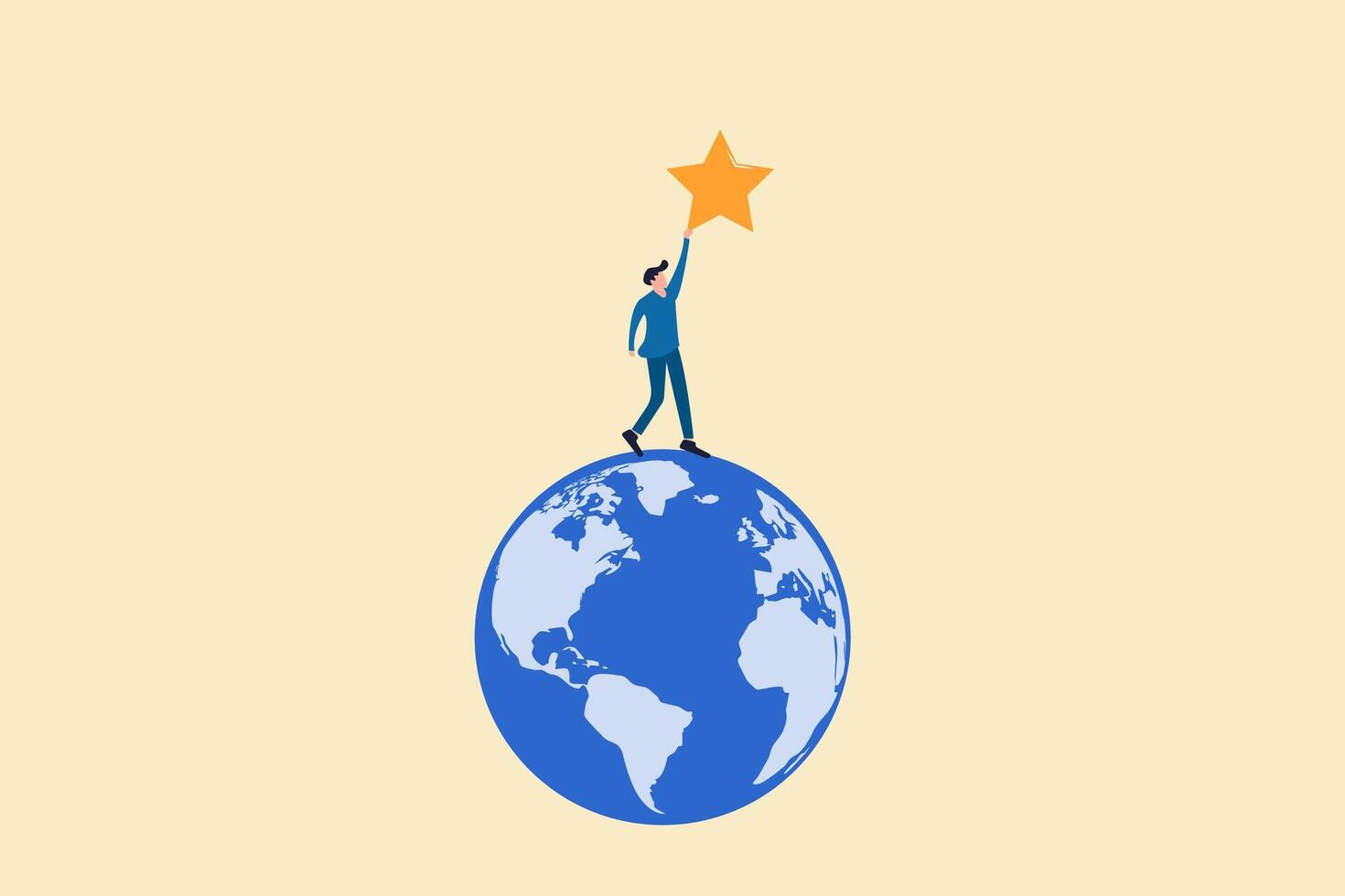 Businessman on globe reaching and grab precious star. concept of success, reward, career path or dream job and opportunity vector