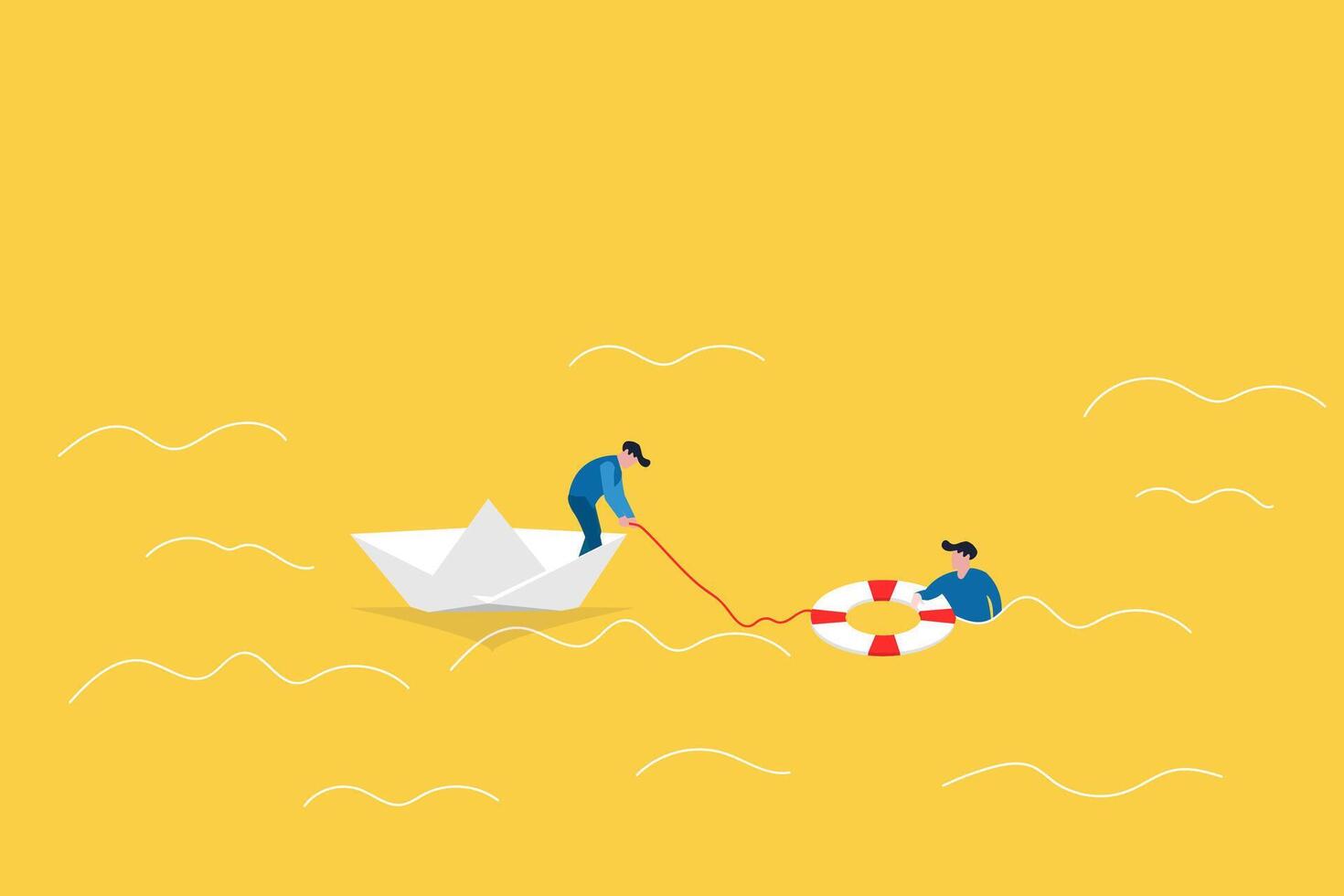 Drowning businessman getting lifebuoy from another businessman. Business help to survive, support, survival, investment concept. Eps10 illustration vector