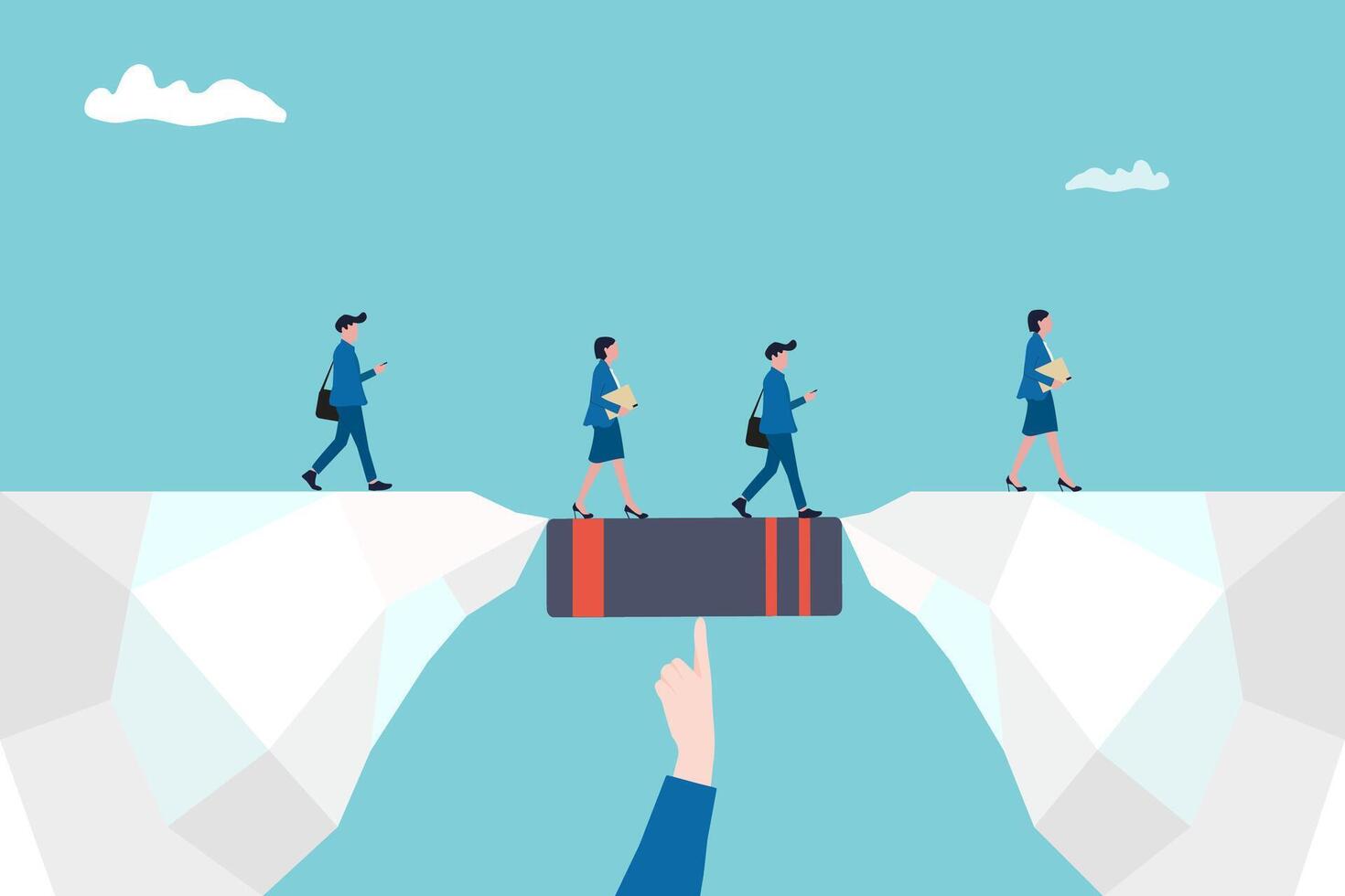 businessman hand holding a book bridging the gap in education for a group of people walking on. concept of success, education level and skill development vector