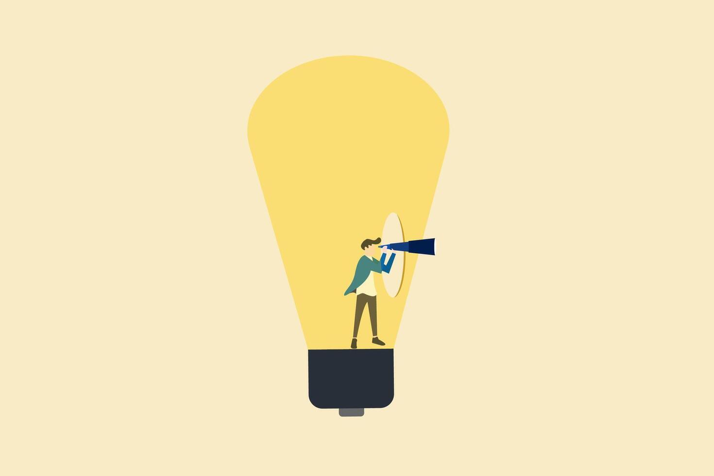 businessman with telescope in lightbulb. concept of Search for business target or goal, opportunity, mission to achieve, discover purpose or find strategy to reach goal. vector