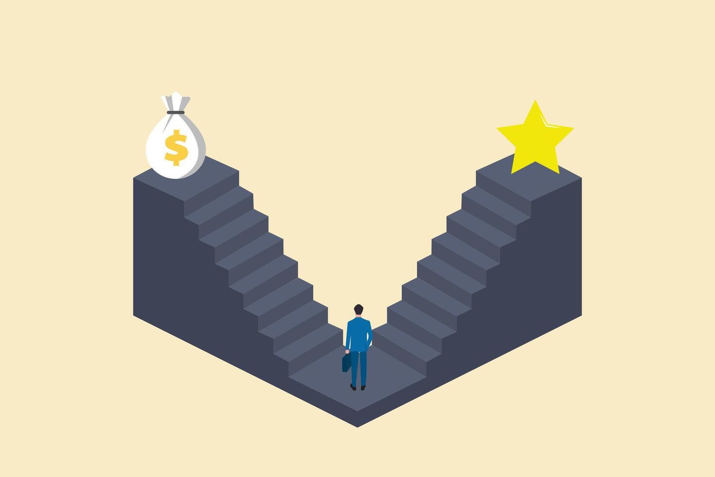 businessman choosing between two options career and entrepreneur. concept of opportunities, career advisor, choice. vector