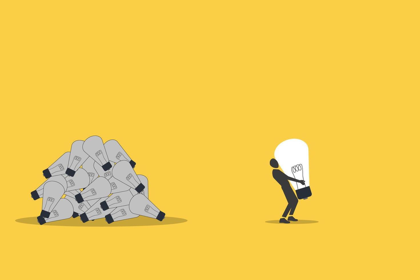 Businessman find lightbulb idea. Wasted unworkable ideas, business failure or too many abandoned projects concept, frustrated vector