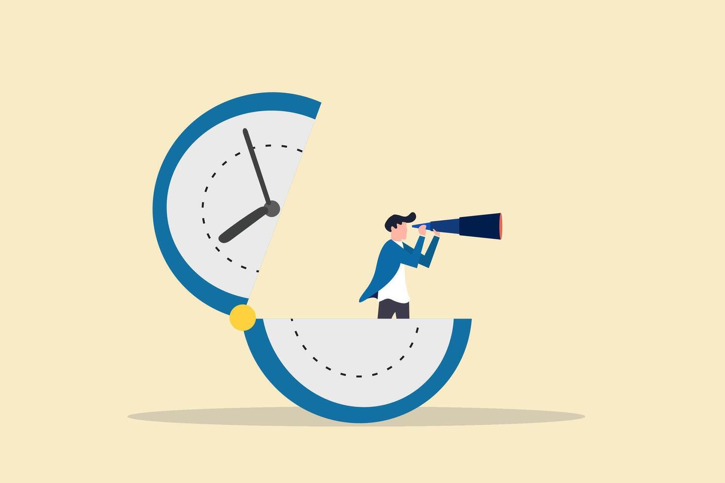 Businessman in clock using binoculars looking for future vision. Concept of time management, success, deadline and efficiency vector