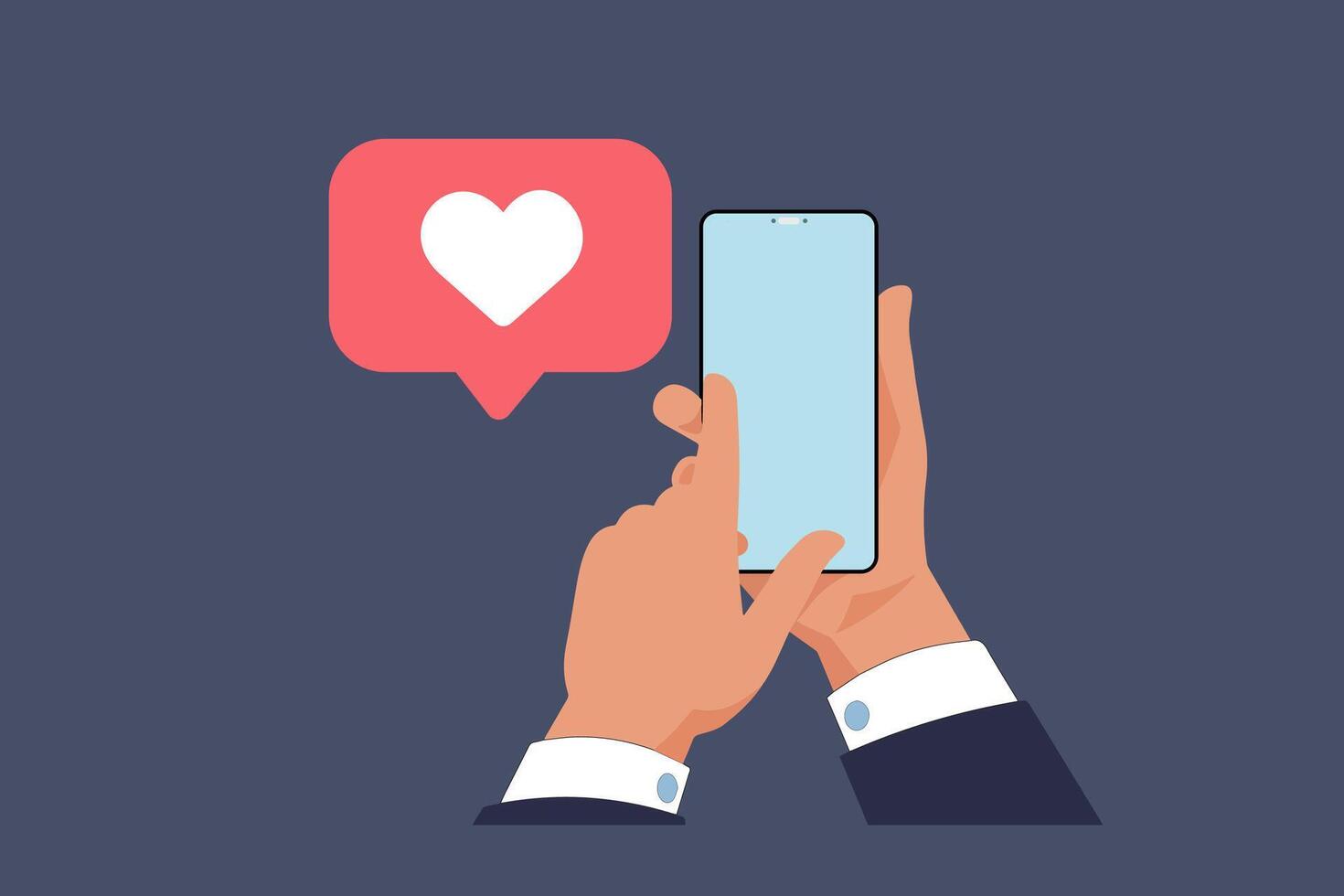Hand bussinessman hanging mobile phone with giant like icon appearing from out phone. Modern issues. Concept of social media addiction, popularity, influence, modern lifestyle and ad vector