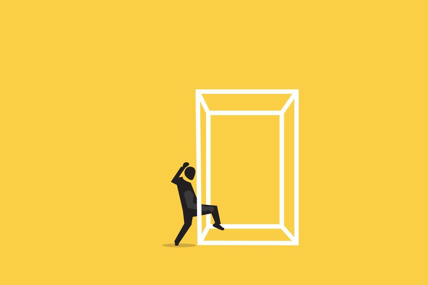 Business opportunity or career success concept with man walking enter box. Symbol of courage, ambition, having a goal, inspiration vector