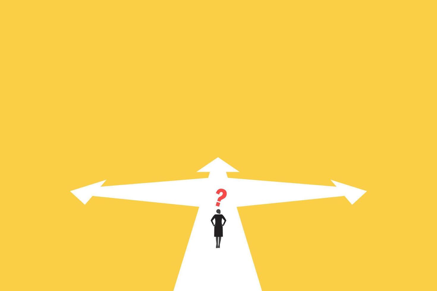 business woman confused in front of a crossroad with road split in three different ways as arrows. 1 vector