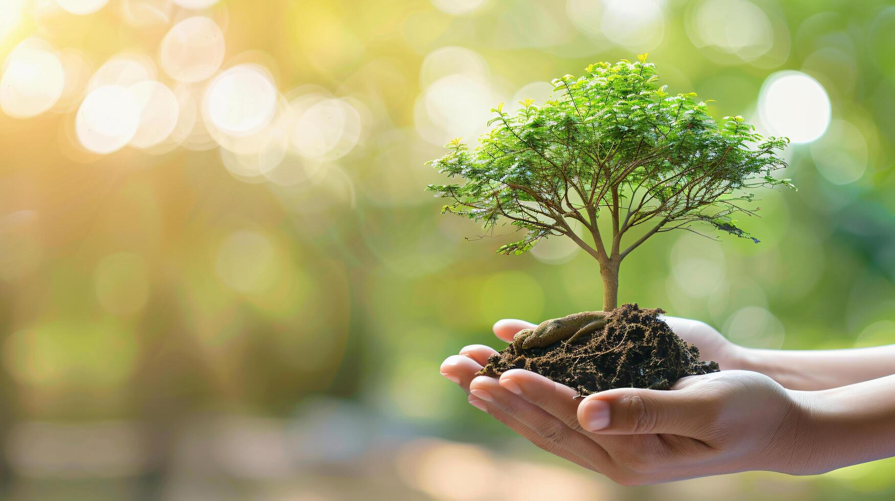 Renewable green energy, two hands holding a small tree protect forests help save the world environment clean planet ecology photo