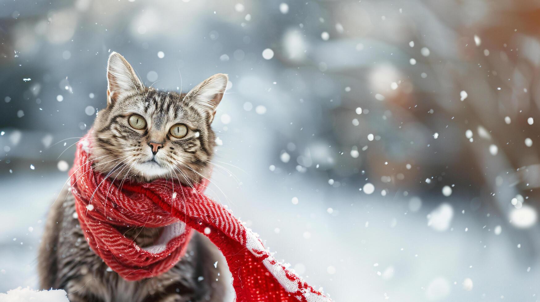Cute cat wearing warm red knitted scarfs and hats sitting and snuggling next to each other on winter day during heavy winter snowfall photo