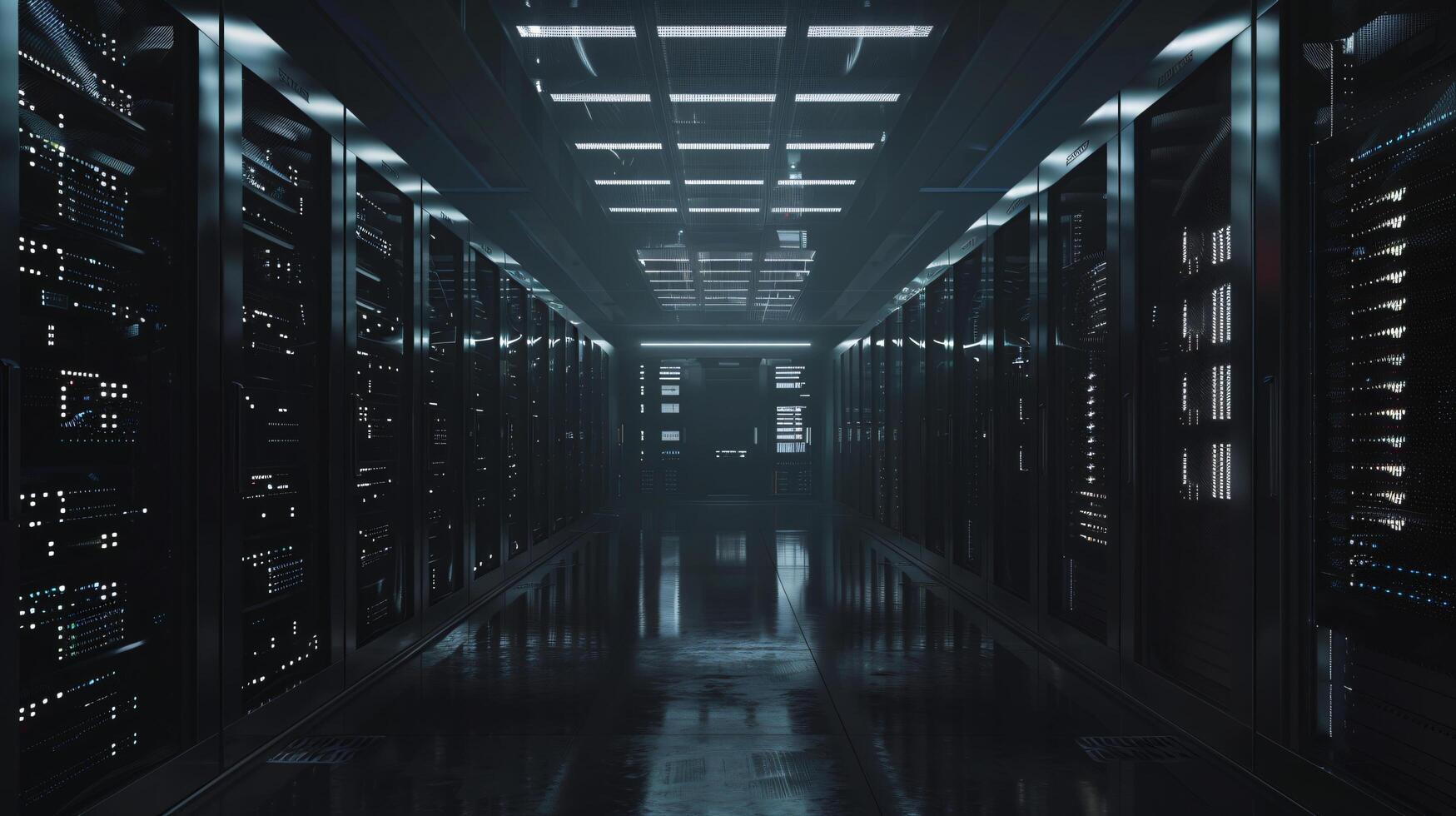 Multiple rows dark monochrome server room data center operational server racks telecommunications, cloud computing, artificial intelligence, database, super computer technology photo