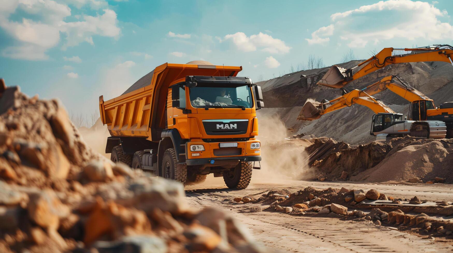 A large mining truck is driving through a sandy area covered in dirt and sand, the tires are kicking up a lot of dust rugged and rough photo