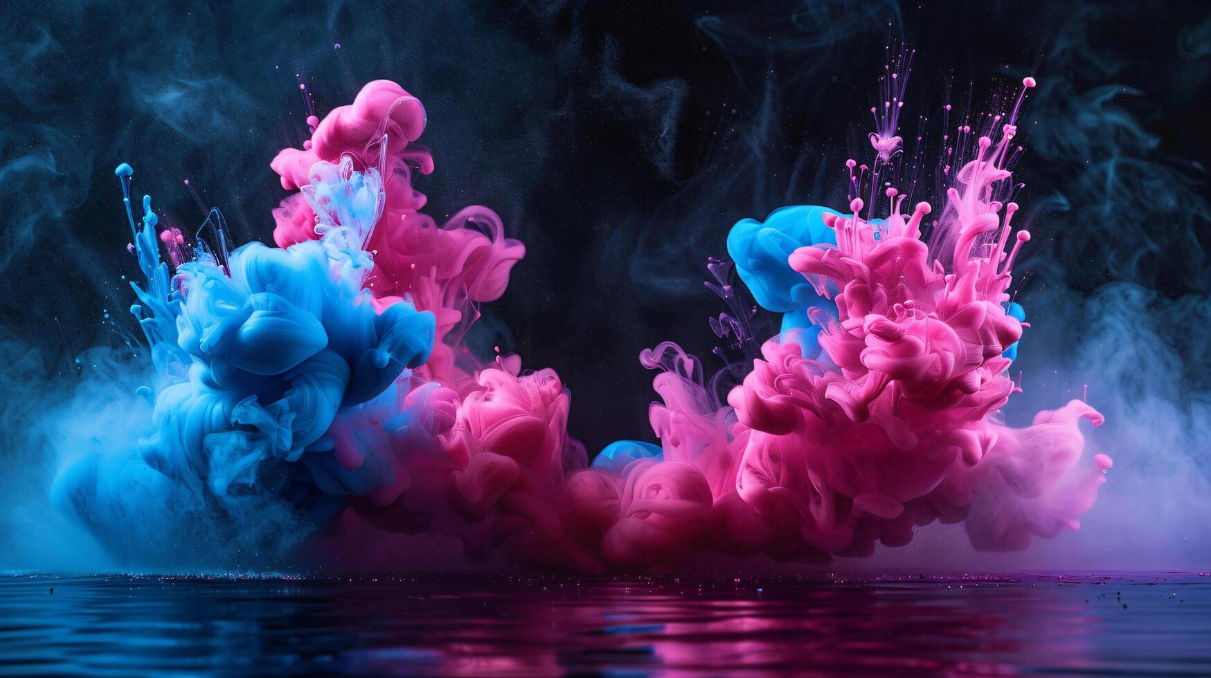 Paint Ink drop in water, motion color explosion smoke, Blue pink color fluid splash vapor cloud texture black abstract art background photo