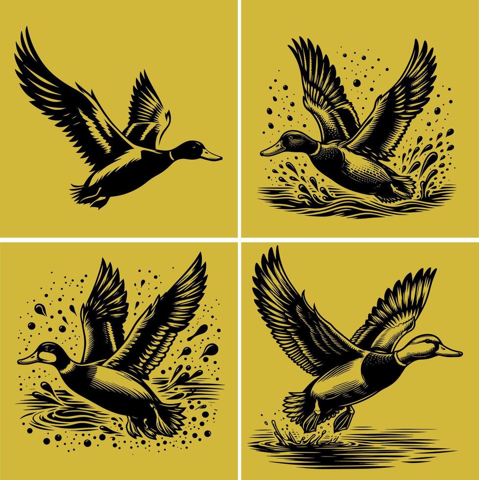 flying and landing with water droplets around it wild ducks Silhouettes set vector