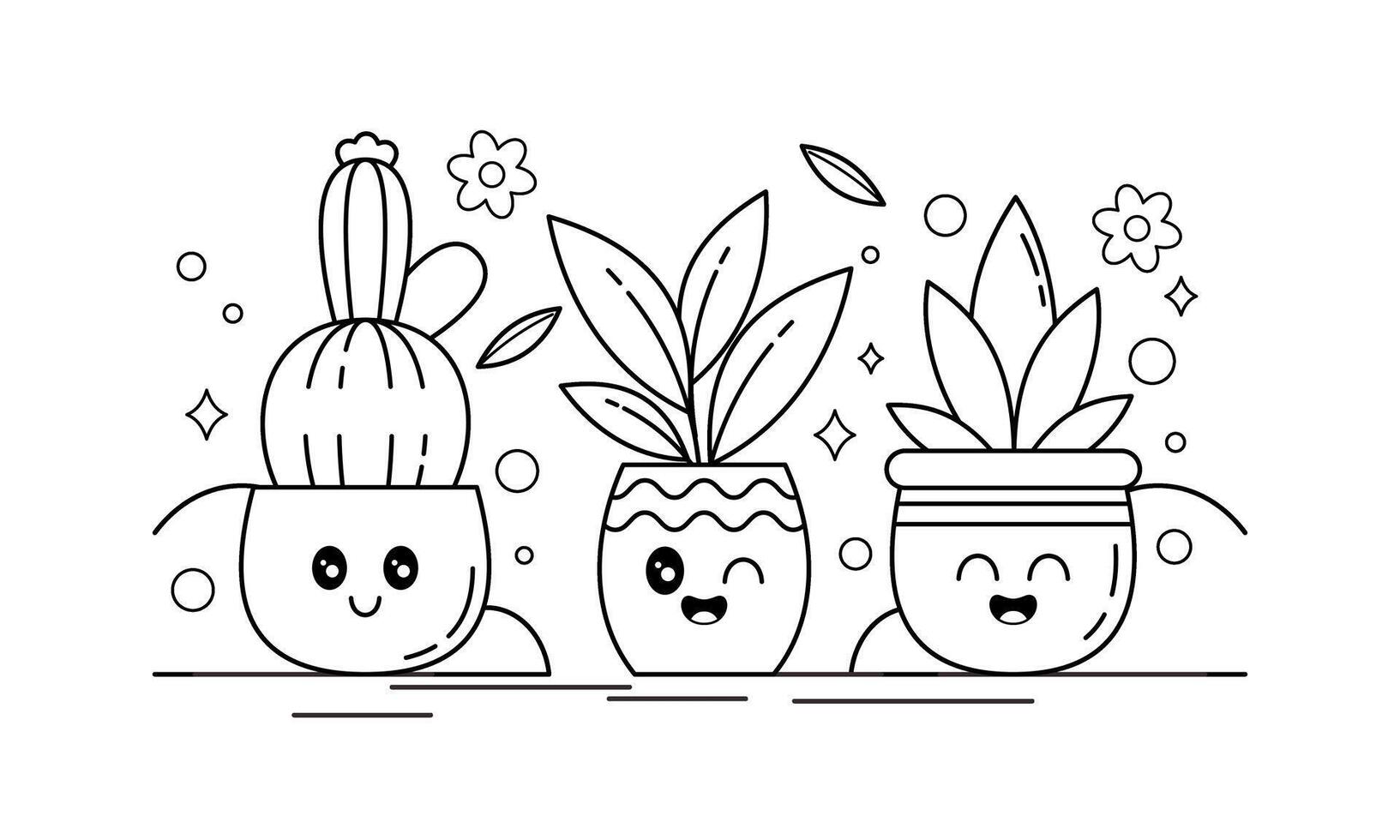 Hand Drawn Kawaii Plant Coloring Book with Cute Expressions Illustration vector