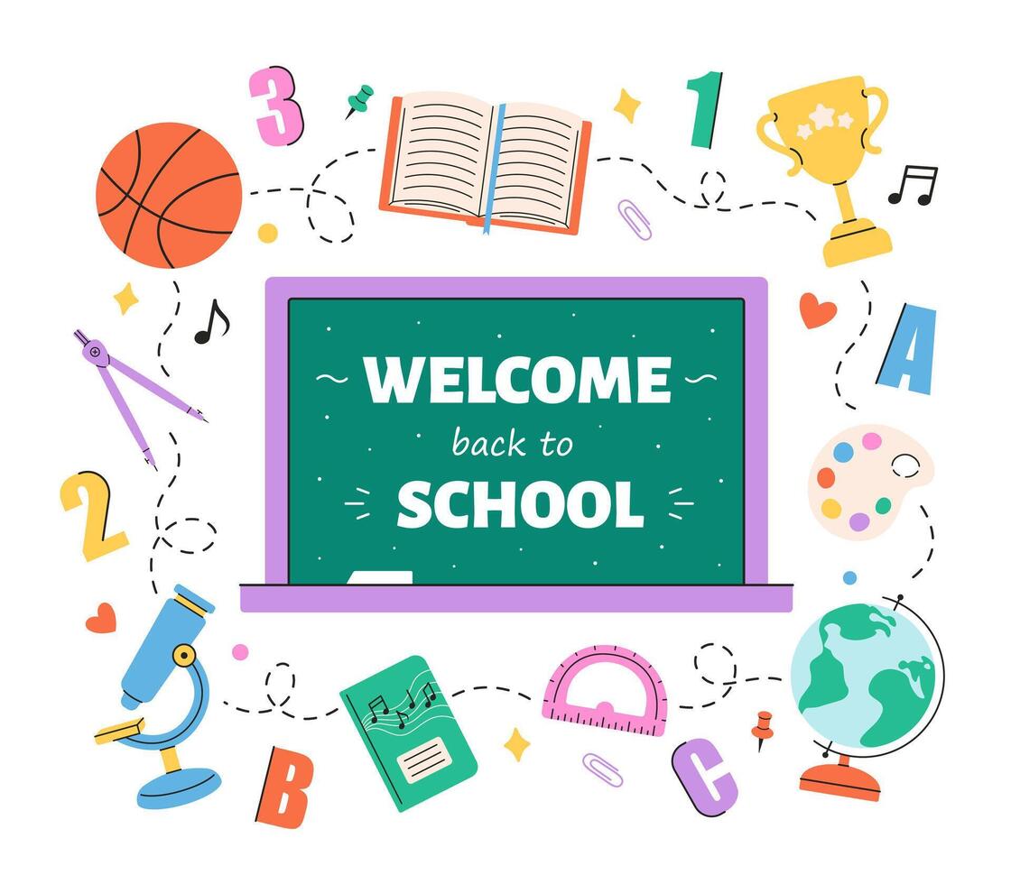 Back to school greeting card. Blackboard and school supplies vector