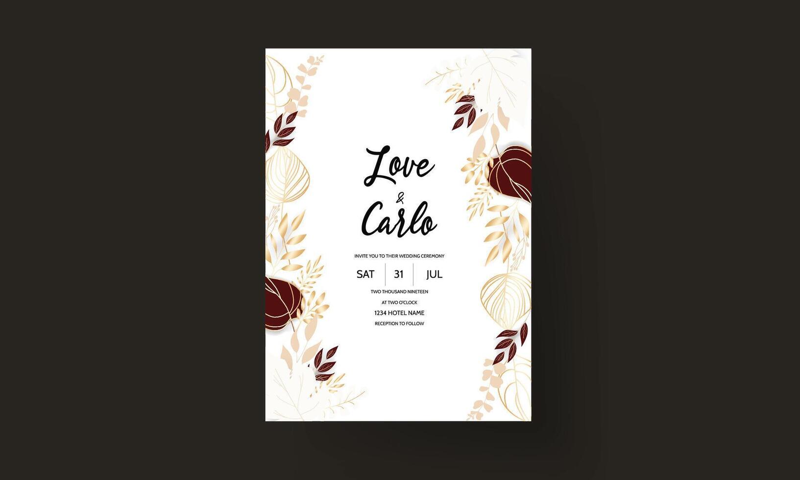 Boho wedding invitation with elegant outline gold leaves vector