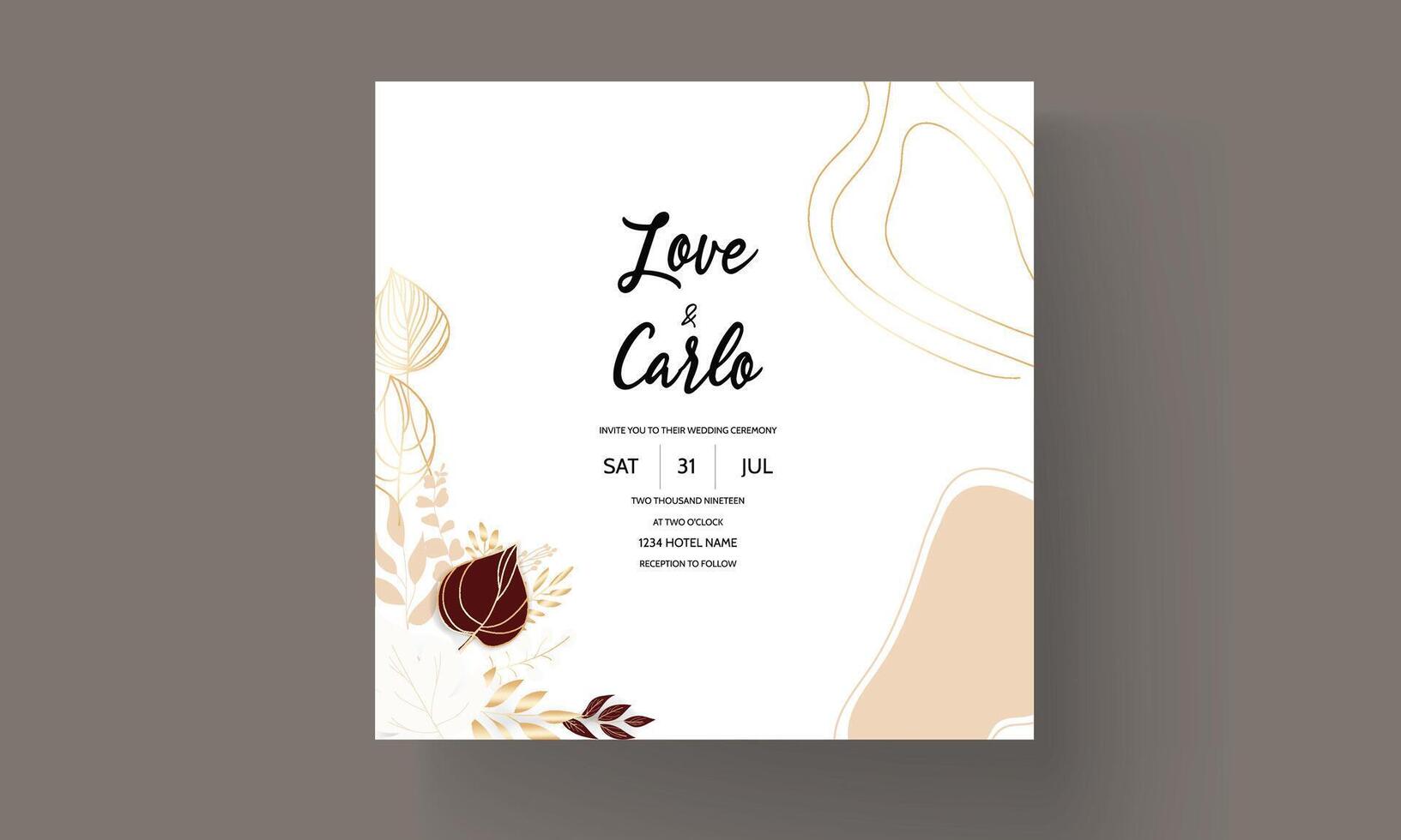 Boho wedding invitation with elegant outline gold leaves vector