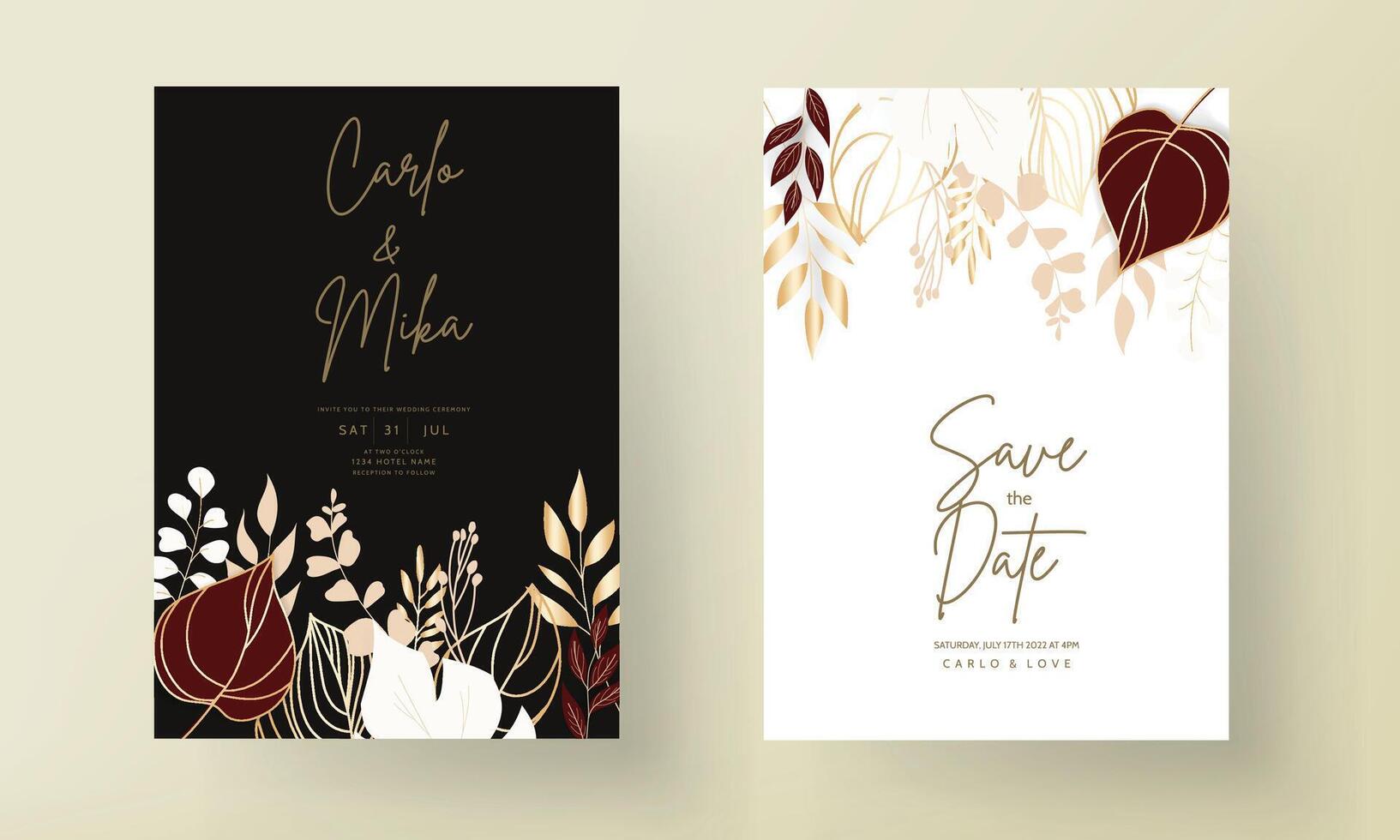 Bohemian wedding invitation card with luxury gold leaves vector