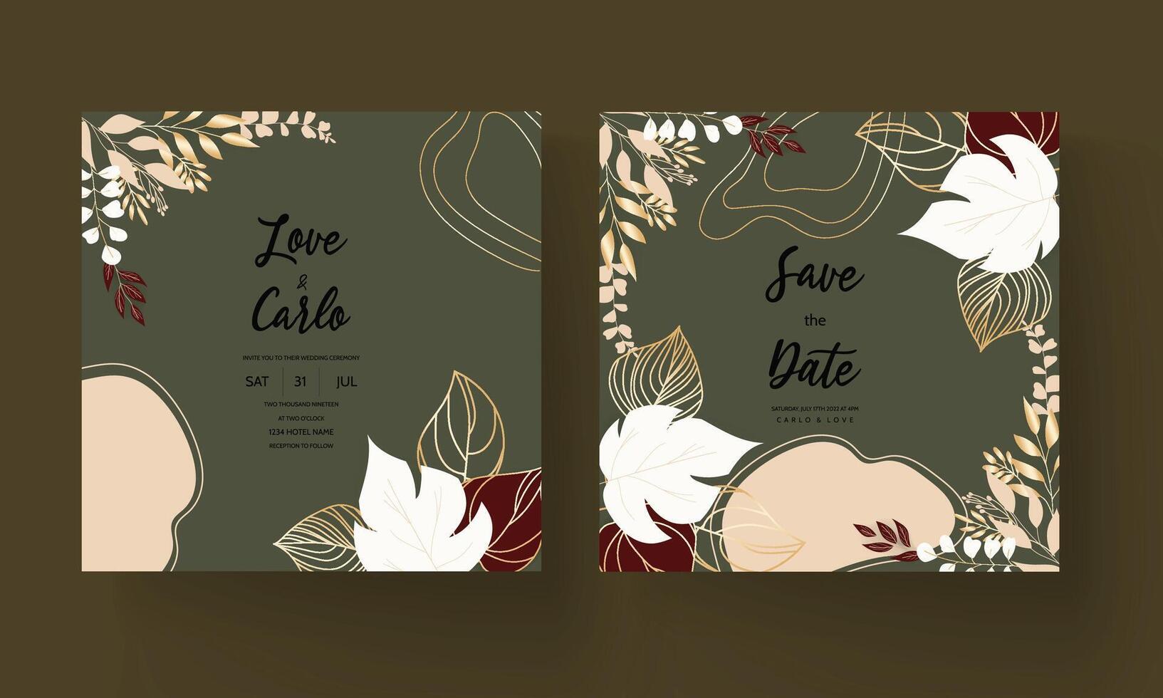 Boho wedding invitation with elegant outline gold leaves vector