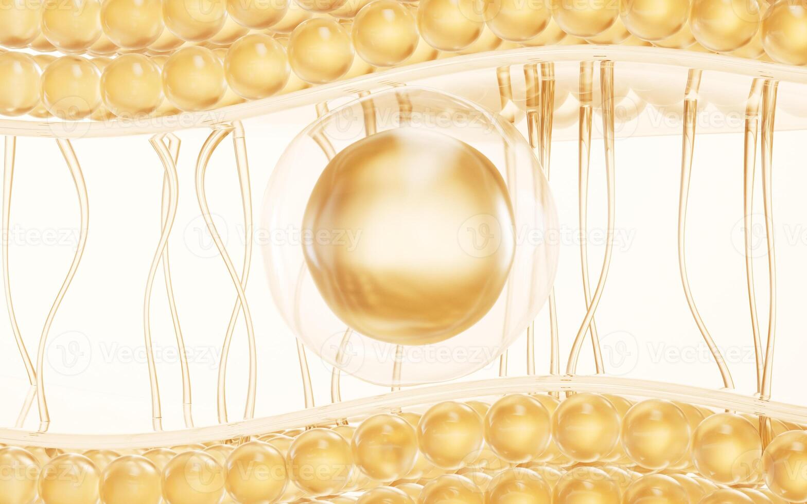 Golden bubble and transparent skin cell background, 3d rendering. photo