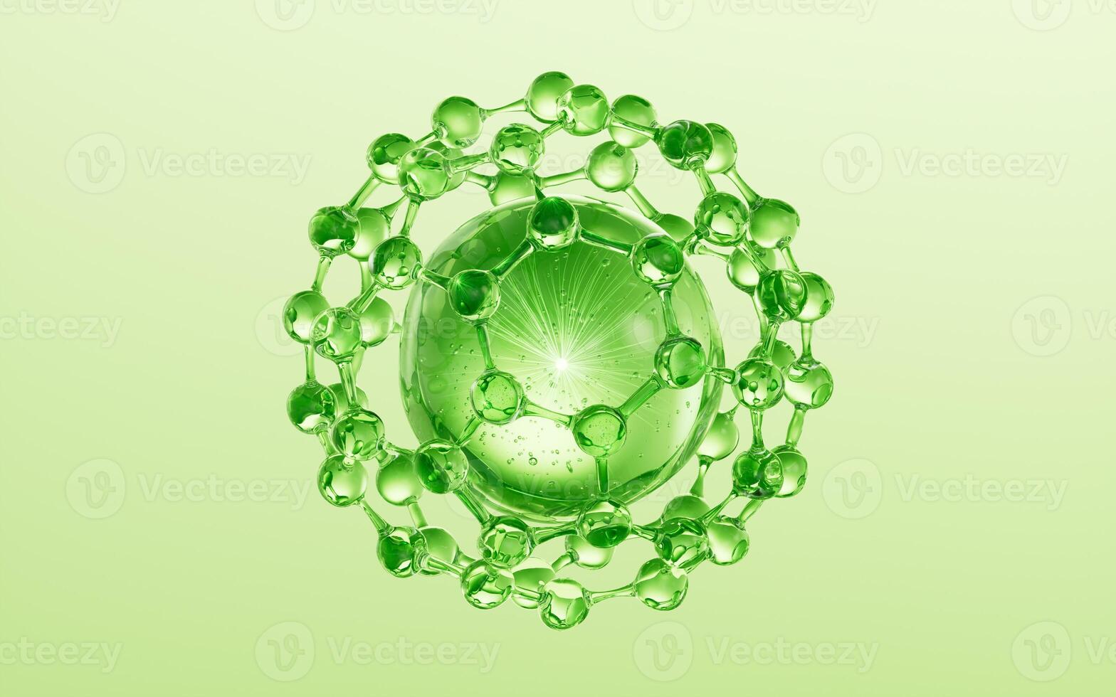 Molecule and green cosmetics liquid ball background, 3d rendering. photo