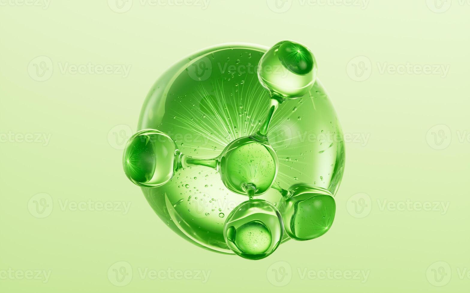 Molecule and green cosmetics liquid ball background, 3d rendering. photo