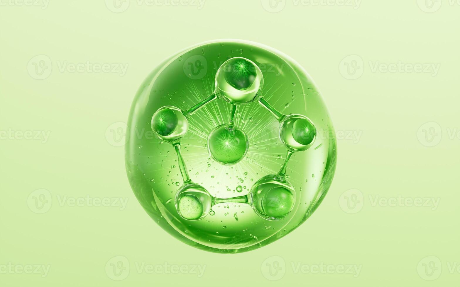Molecule and green cosmetics liquid ball background, 3d rendering. photo
