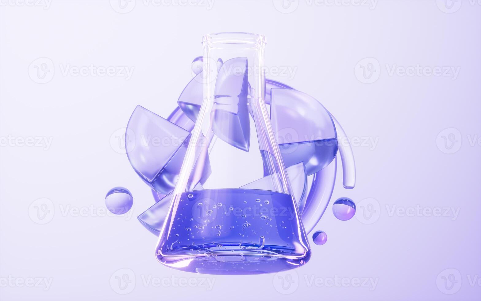 Conical flask with purple glass background, 3d rendering. photo