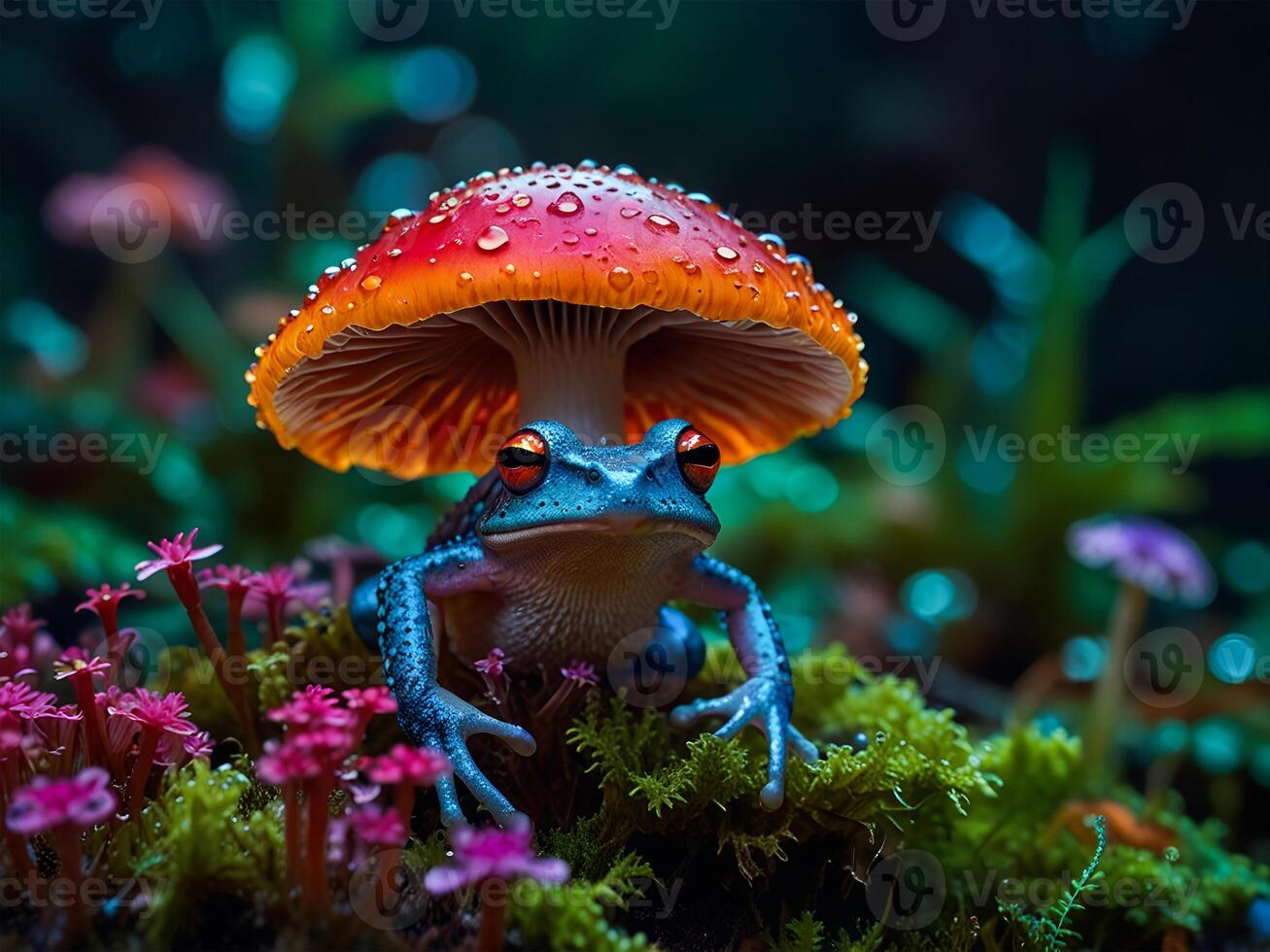 Psychedelic Multi-colored Rainbow mushrooms glowing with neon light in a mysterious dark forest photo