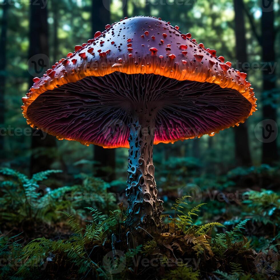 Psychedelic Multi-colored Rainbow mushrooms glowing with neon light in a mysterious dark forest photo