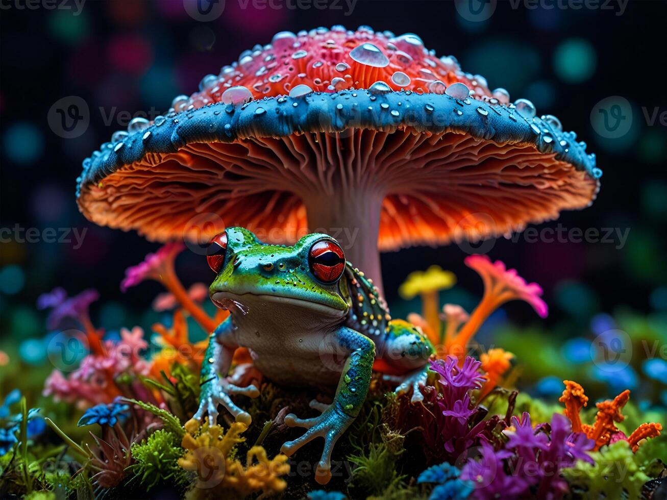 Psychedelic Multi-colored Rainbow mushrooms glowing with neon light in a mysterious dark forest photo