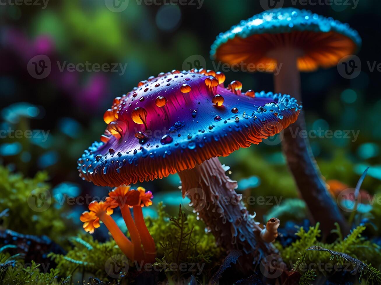 Psychedelic Multi-colored Rainbow mushrooms glowing with neon light in a mysterious dark forest photo