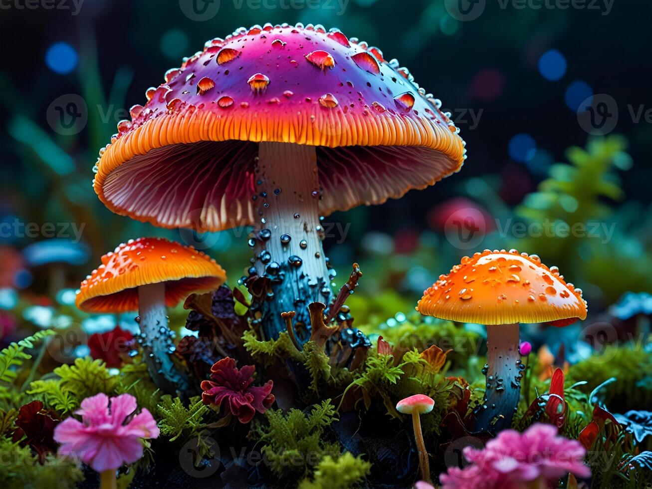 Psychedelic Multi-colored Rainbow mushrooms glowing with neon light in a mysterious dark forest photo