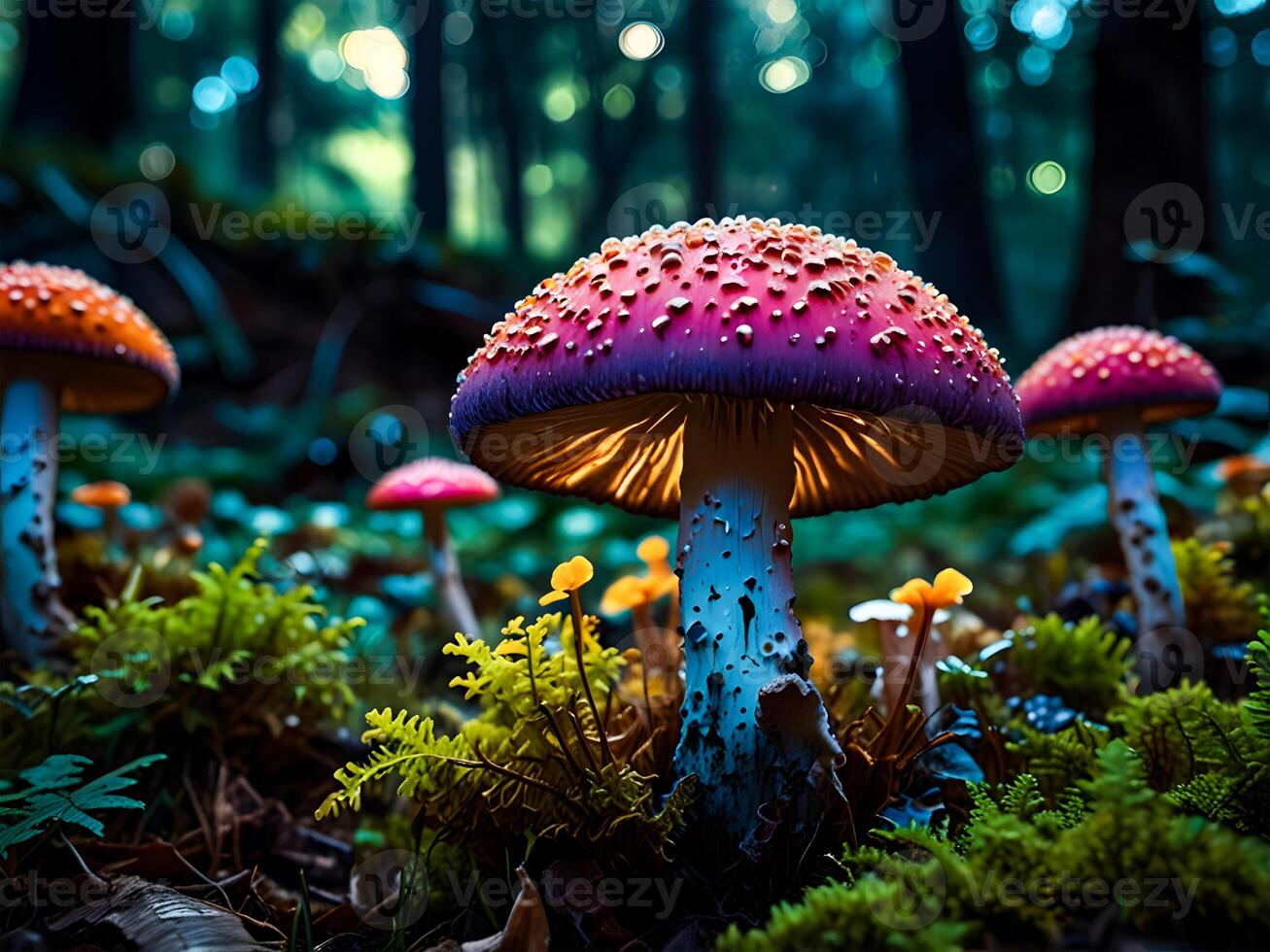Psychedelic Multi-colored Rainbow mushrooms glowing with neon light in a mysterious dark forest photo