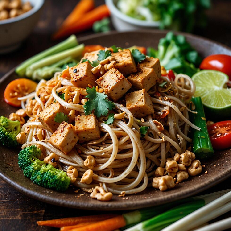 Chinese rice noodles with tomatoes small mutton stir-fried carrot slice and an array in a bowl on a table photo