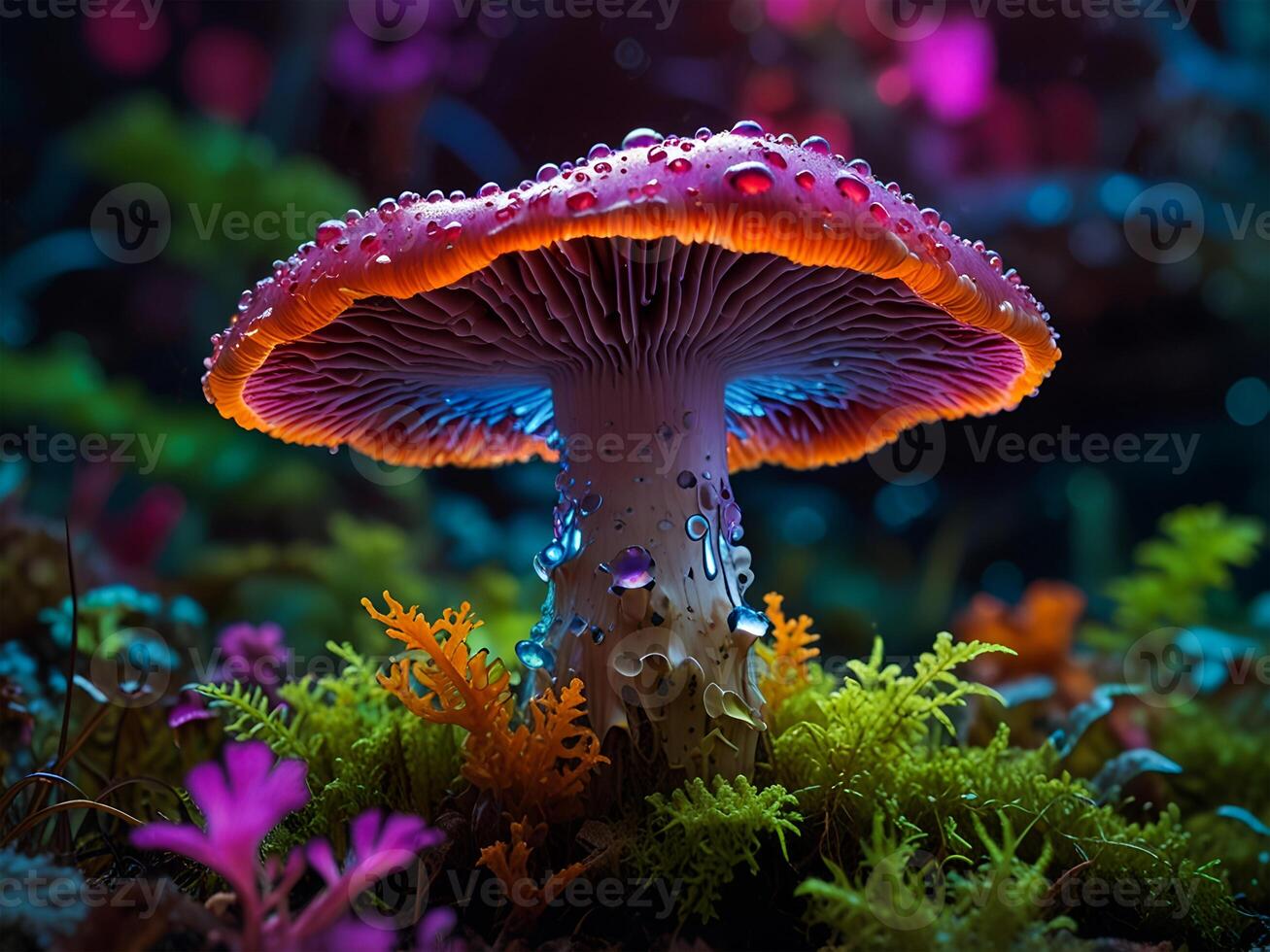 Psychedelic Multi-colored Rainbow mushrooms glowing with neon light in a mysterious dark forest photo