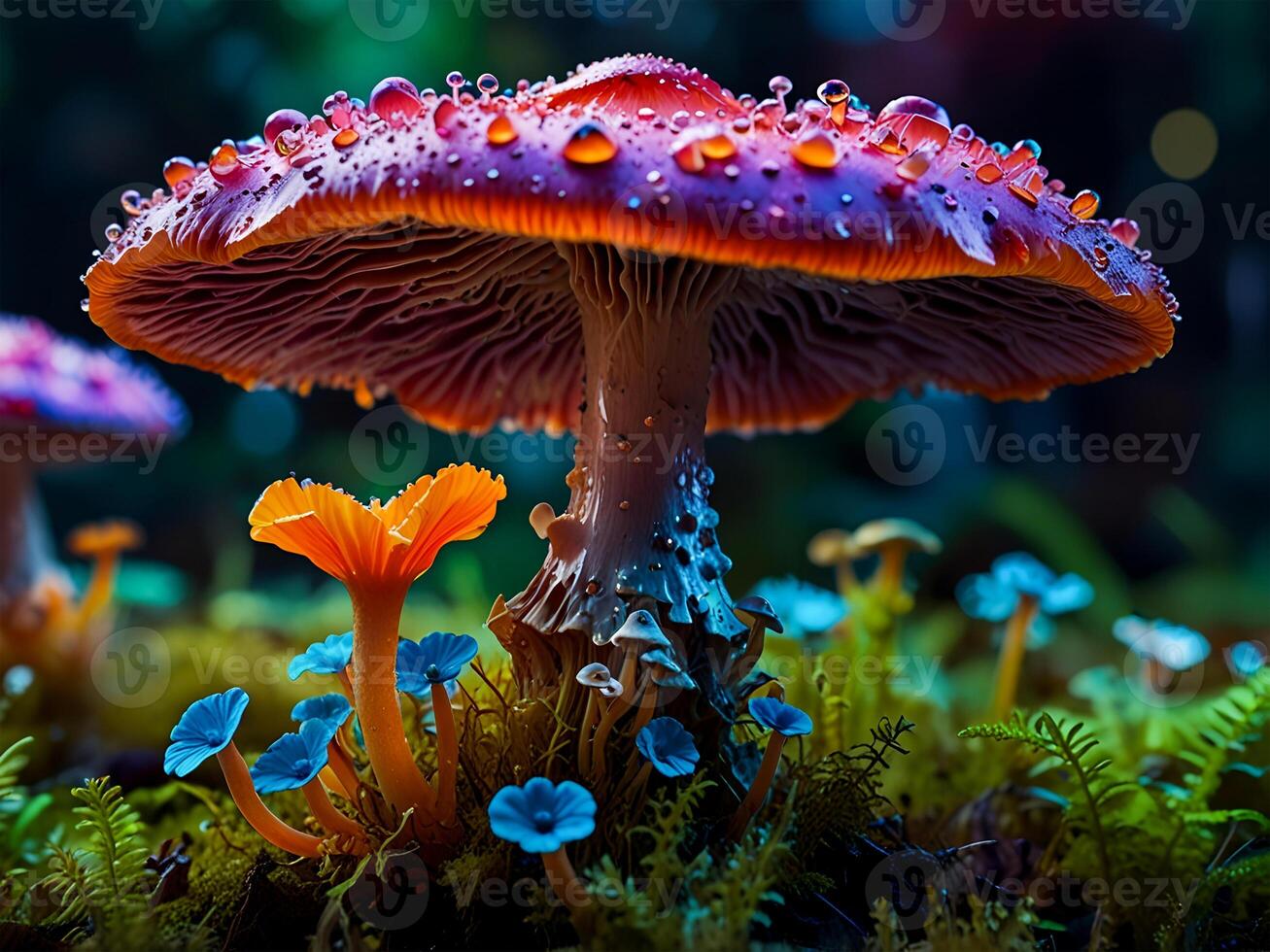 Psychedelic Multi-colored Rainbow mushrooms glowing with neon light in a mysterious dark forest photo