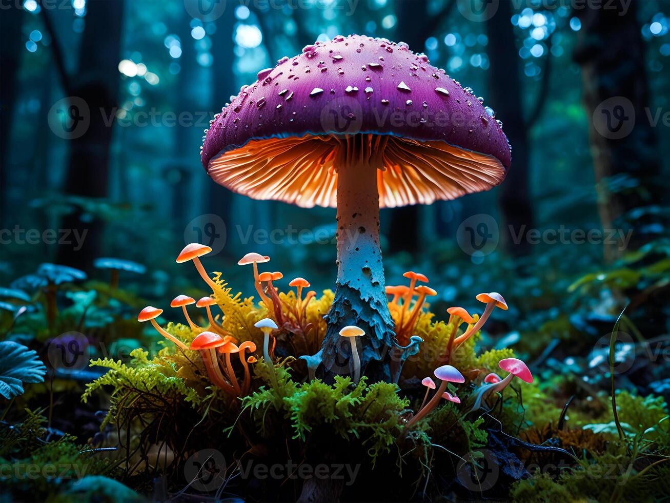 Psychedelic Multi-colored Rainbow mushrooms glowing with neon light in a mysterious dark forest photo