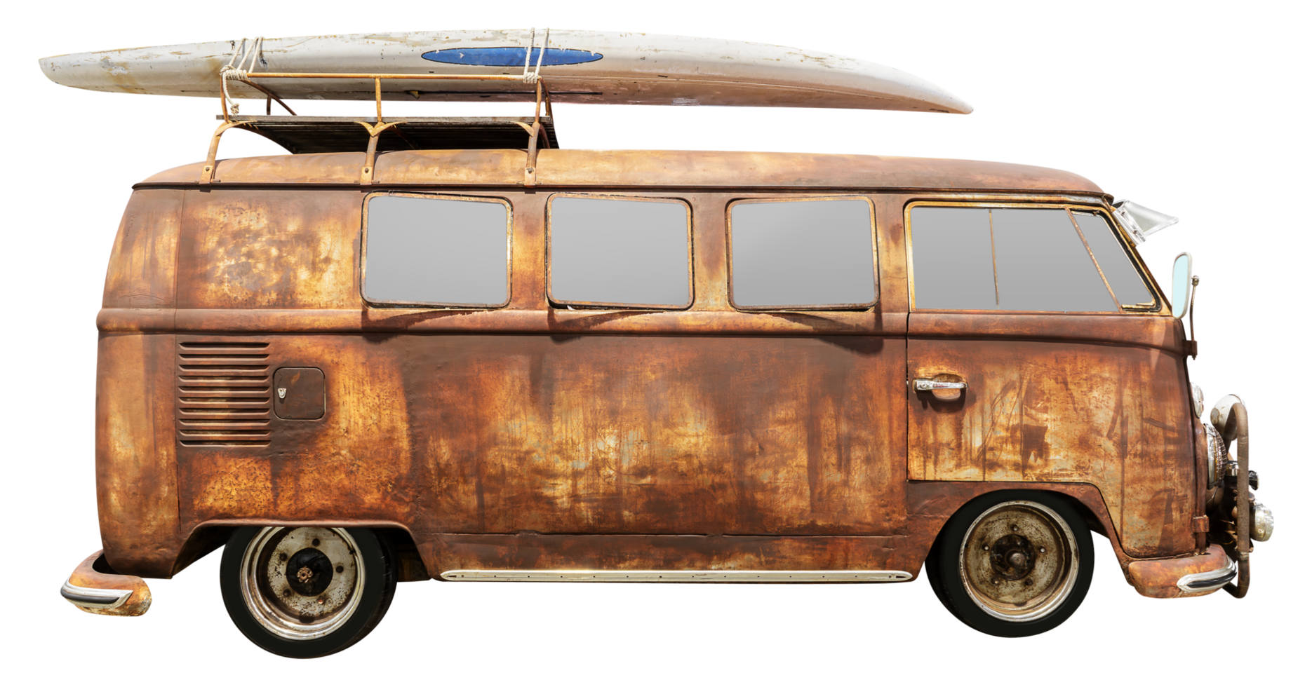 Side view rusty old van with surfboard on rack png