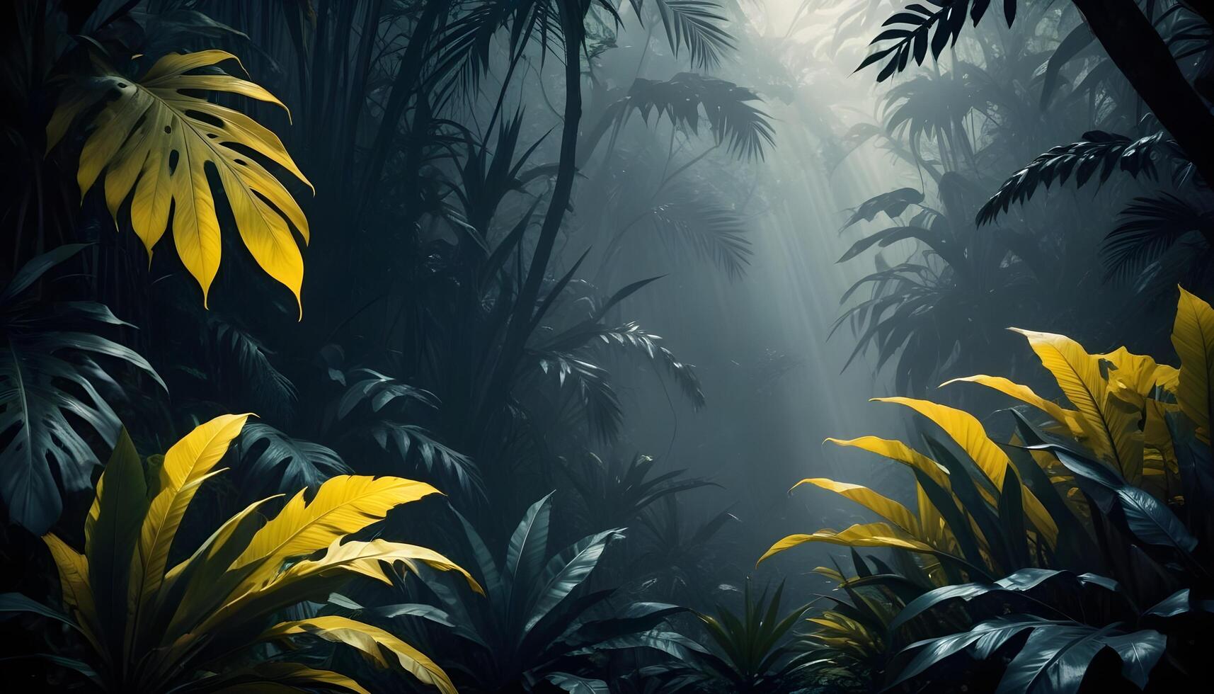 Tropical forest background, jungle background with border made of tropical leaves with empty space in center, copy space. photo