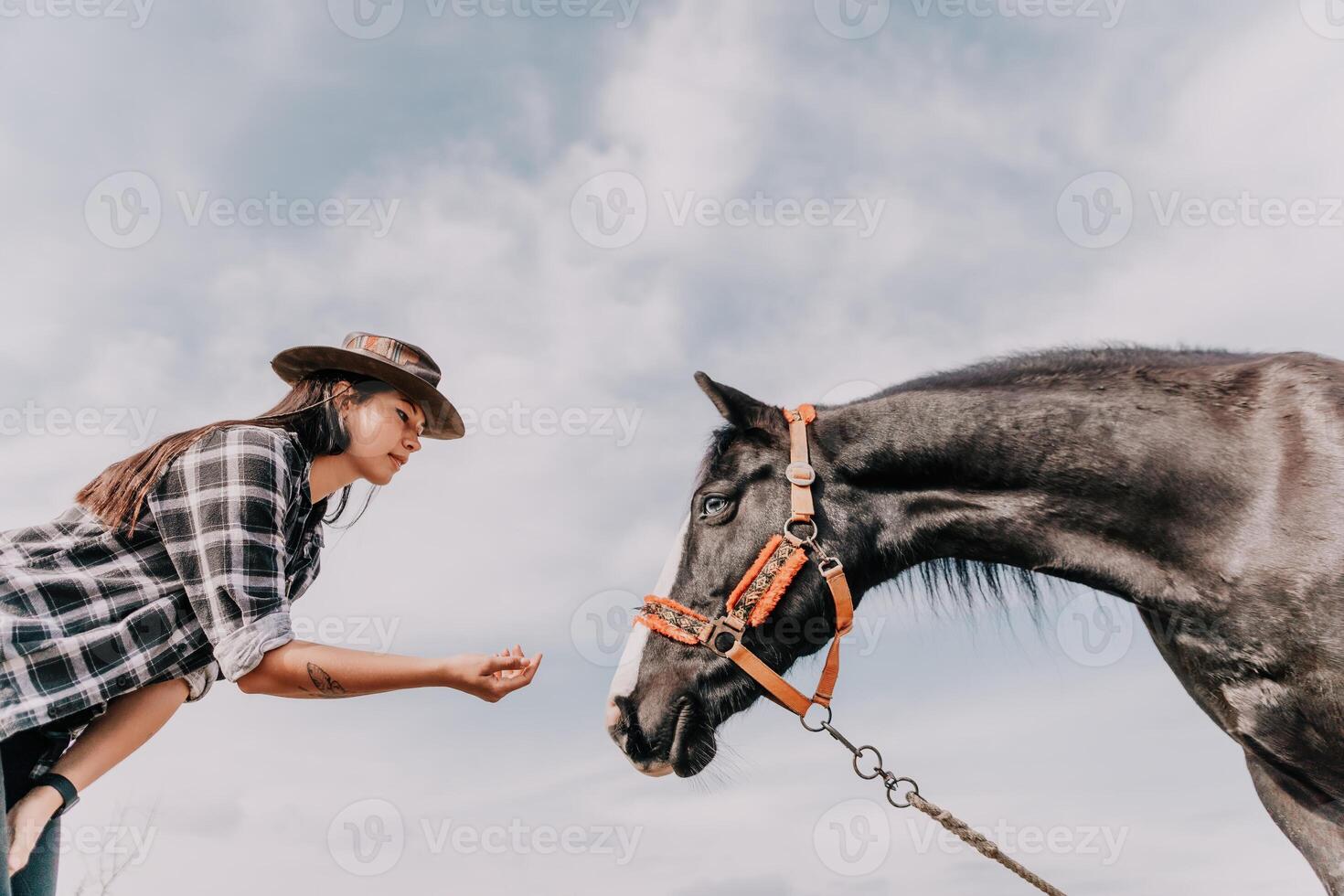 Young happy woman in hat with her horse in evening sunset light. Outdoor photography with fashion model girl. Lifestyle mood. oncept of outdoor riding, sports and recreation. photo
