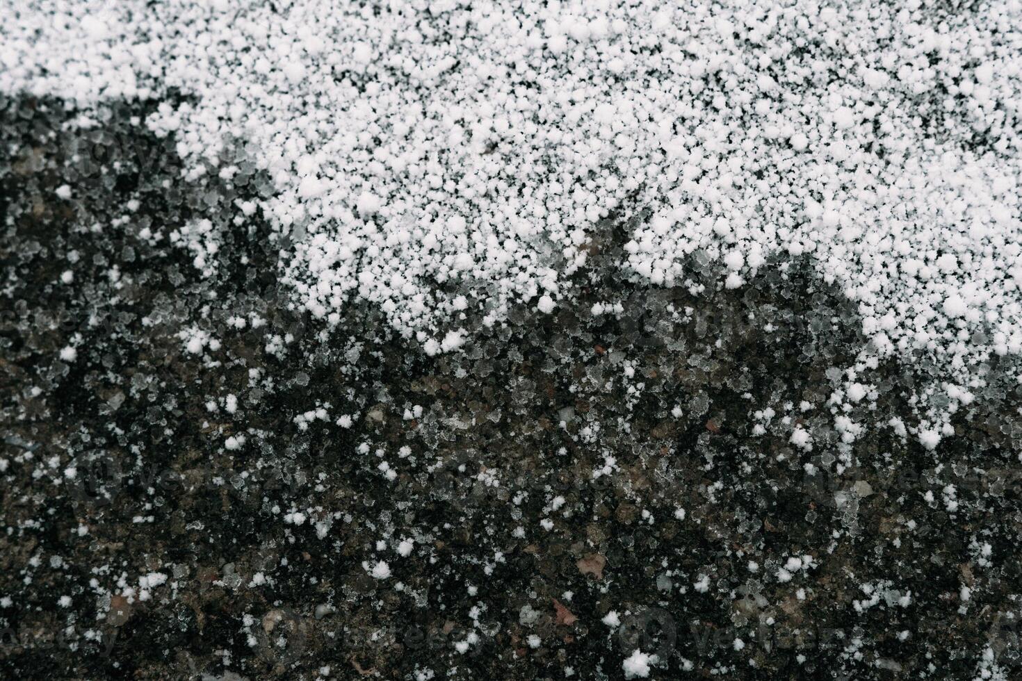 Selective focus. First snow on a frozen field plants, late autum photo